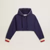Dunkelblaues, kurz geschnittenes Sweatshirt mit Reißverschluss und bestickter Kapuze