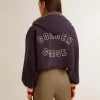 Dunkelblaues, kurz geschnittenes Sweatshirt mit Reißverschluss und bestickter Kapuze