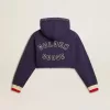 Dunkelblaues, kurz geschnittenes Sweatshirt mit Reißverschluss und bestickter Kapuze