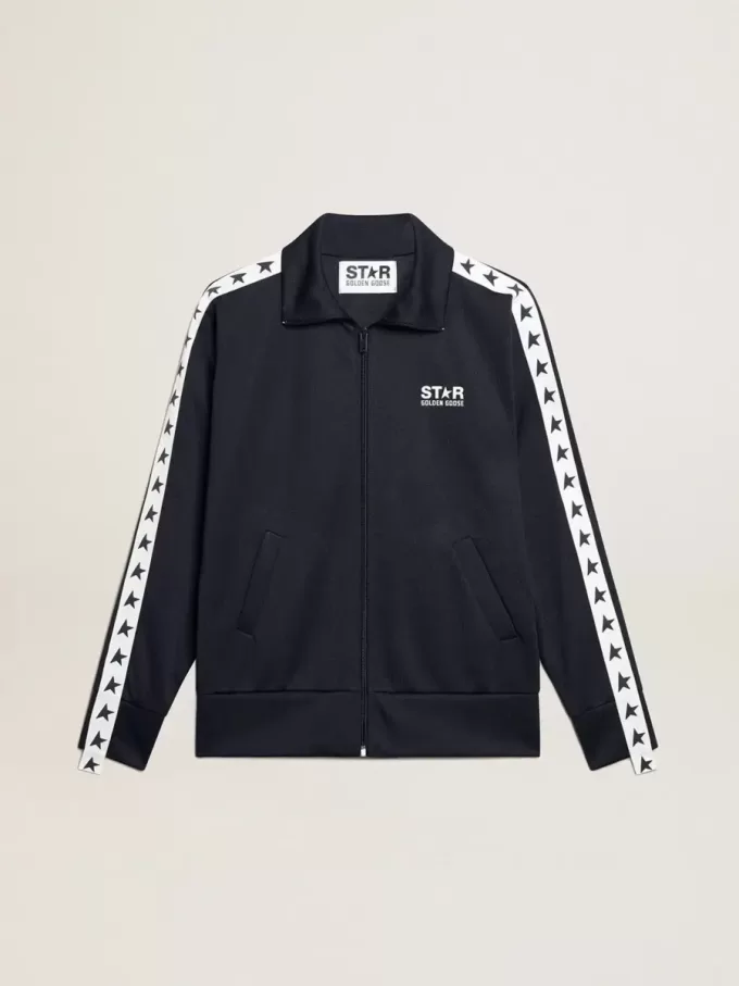 Dunkelblaues Sweatshirt mit Reißverschluss, weißem Streifen und kontrastierenden Sternen Dunkelblaues Sweatshirt mit Reißverschluss, weißem Streifen und kontrastierenden Sternen