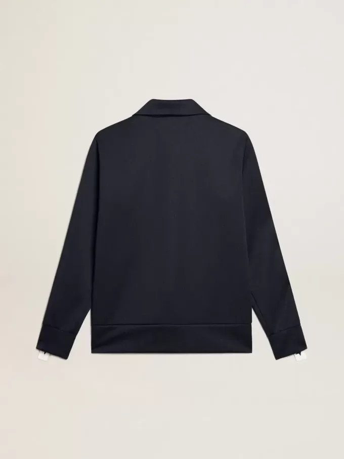 Dunkelblaues Sweatshirt mit Reißverschluss, weißem Streifen und kontrastierenden Sternen Dunkelblaues Sweatshirt mit Reißverschluss, weißem Streifen und kontrastierenden Sternen