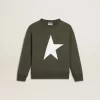 Dunkelgrünes Sweatshirt für Jungen mit weißem Maxi-Stern auf der Vorderseite