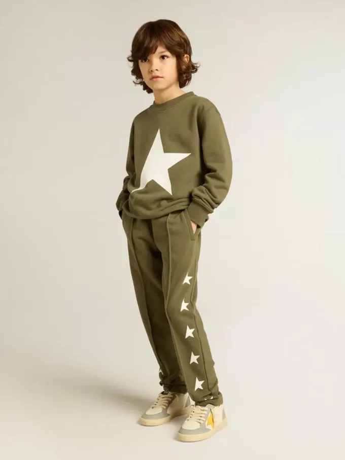 Dunkelgrünes Sweatshirt für Jungen mit weißem Maxi-Stern auf der Vorderseite