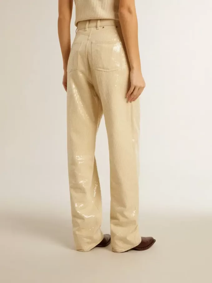 Ecrufarbene Hose mit transparenten Pailletten