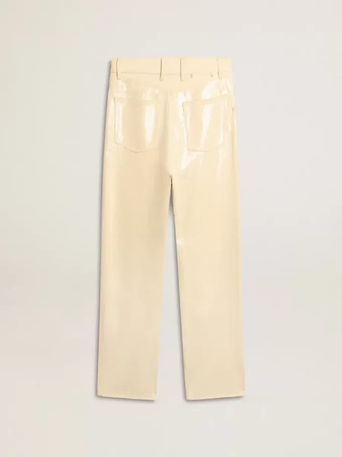 Ecrufarbene Hose mit transparenten Pailletten