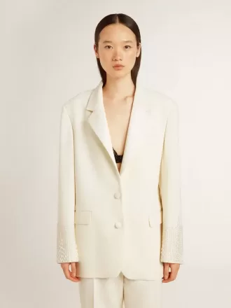 Einreihige Oversize-Jacke in Weiß mit Seideneffekt und Stickerei