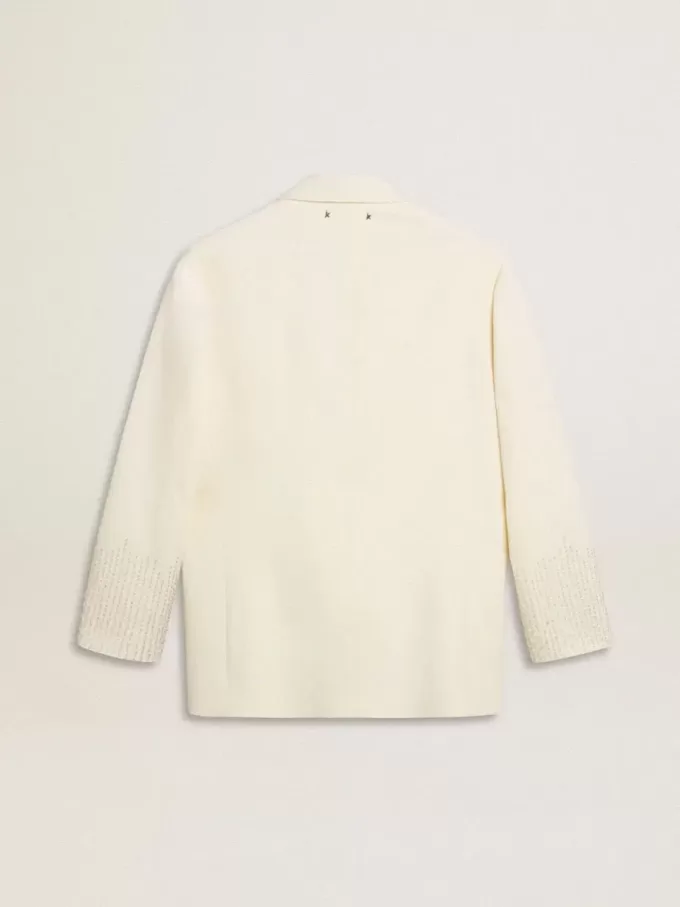 Einreihige Oversize-Jacke in Weiß mit Seideneffekt und Stickerei Einreihige Oversize-Jacke in Weiß mit Seideneffekt und Stickerei