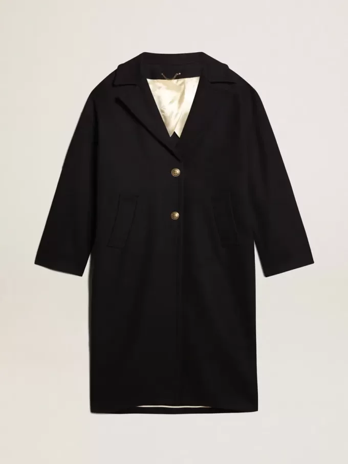 Einreihiger Cocoon-Mantel für Damen aus dunkelblauer Wolle mit goldenem Knopf