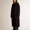 Einreihiger Cocoon-Mantel für Damen aus dunkelblauer Wolle mit goldenem Knopf