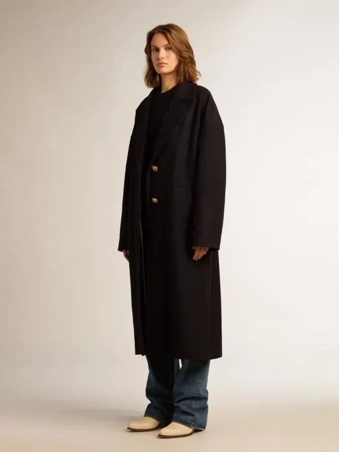 Einreihiger Cocoon-Mantel für Damen aus dunkelblauer Wolle mit goldenem Knopf