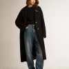 Einreihiger Cocoon-Mantel für Damen aus dunkelblauer Wolle mit goldenem Knopf