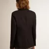 Einreihiger Damenblazer aus dunkelblauer Wollgabardine Einreihiger Damenblazer aus dunkelblauer Wollgabardine