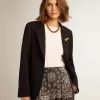 Einreihiger Damenblazer aus dunkelblauer Wollgabardine Einreihiger Damenblazer aus dunkelblauer Wollgabardine