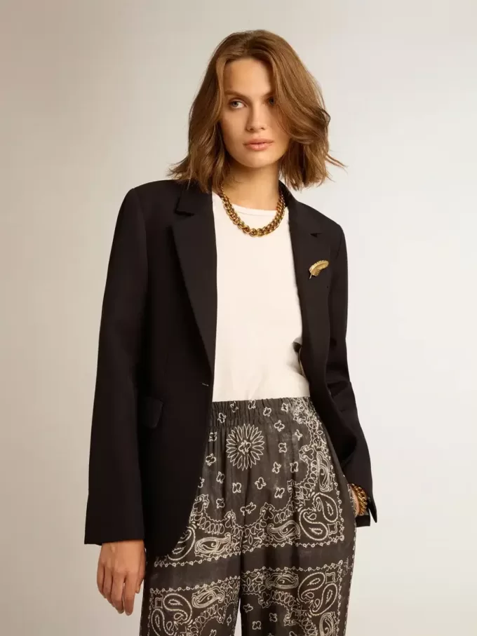 Einreihiger Damenblazer aus dunkelblauer Wollgabardine Einreihiger Damenblazer aus dunkelblauer Wollgabardine
