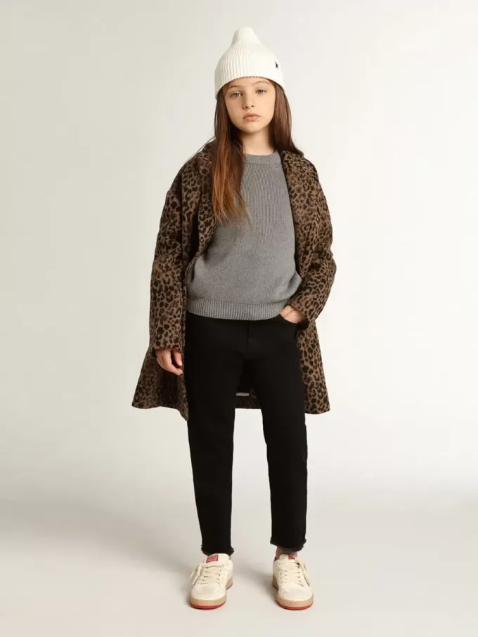 Einreihiger Mädchenmantel aus Wolle mit Jacquard-Tierprint Einreihiger Mädchenmantel aus Wolle mit Jacquard-Tierprint