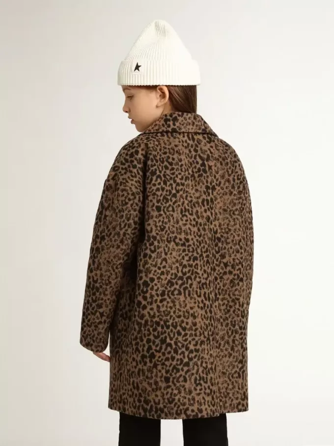 Einreihiger Mädchenmantel aus Wolle mit Jacquard-Tierprint Einreihiger Mädchenmantel aus Wolle mit Jacquard-Tierprint