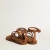 Flache Penelope-Sandalen für Damen aus tabakfarbenem Leder mit Wildledersohle