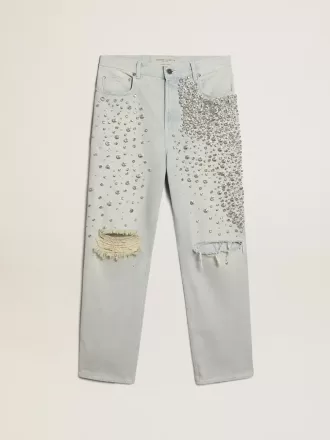 Gebleichte Damenjeans mit Cabochon-Kristallen