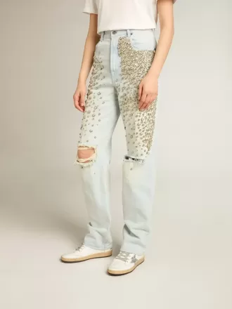 Gebleichte Damenjeans mit Cabochon-Kristallen