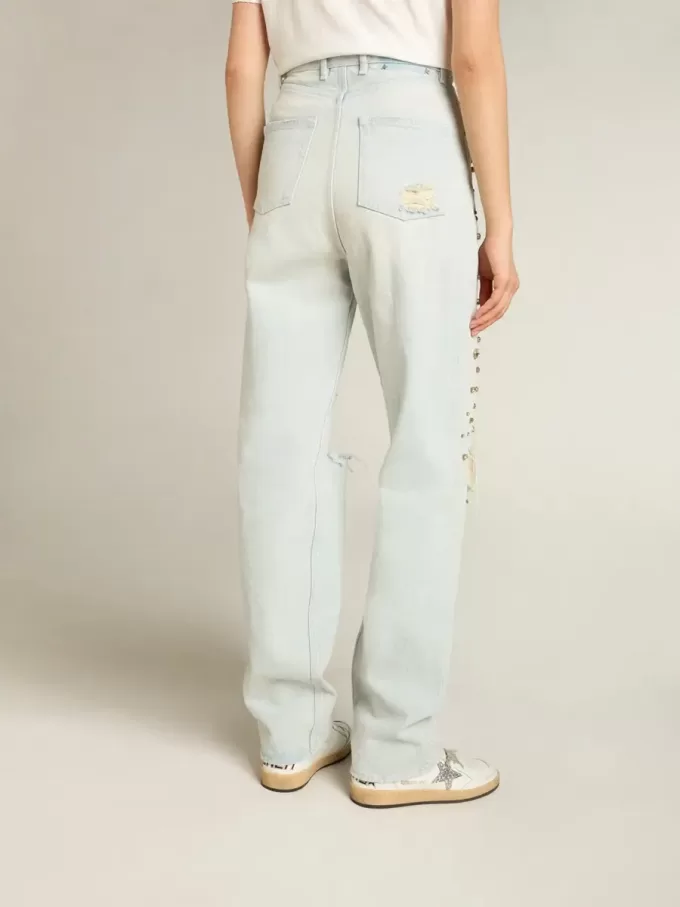 Gebleichte Damenjeans mit Cabochon-Kristallen