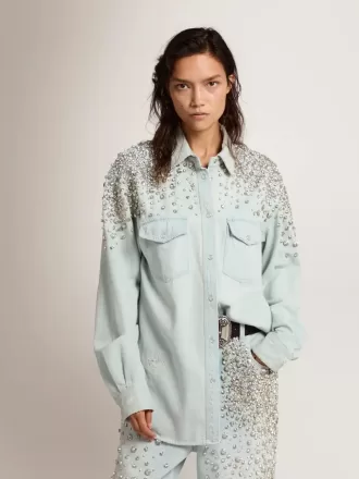 Gebleichtes Boyfriend-Hemd für Damen mit Cabochon-Kristallen