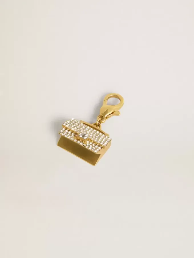 Geldbörsenförmiger Anhänger aus goldfarbenem Messing mit Kristallen Geldbörsenförmiger Anhänger aus goldfarbenem Messing mit Kristallen