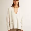 Gerippter Wollpullover mit V-Ausschnitt und Kordelzug mit Quasten