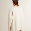 Gerippter Wollpullover mit V-Ausschnitt und Kordelzug mit Quasten