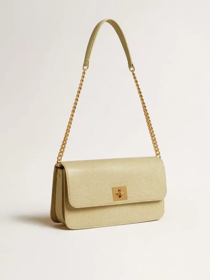 Gioia Tasche aus mineralgrauem Schafsleder mit goldenen Details