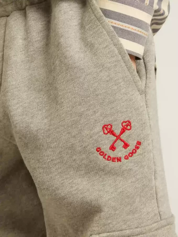 Grau melierte Cargo-Jogginghose aus Baumwolle mit Stickerei