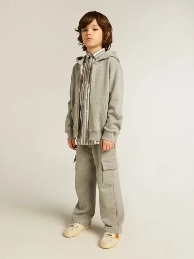 Grau meliertes Kapuzensweatshirt mit Aufdruck auf der Rückseite