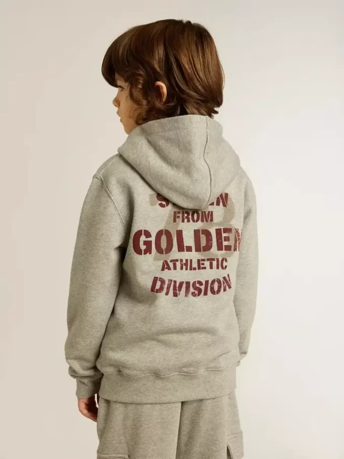 Grau meliertes Kapuzensweatshirt mit Aufdruck auf der Rückseite