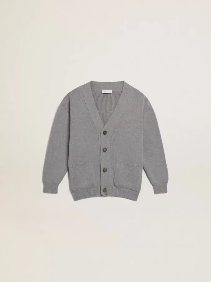 Graue Baumwollstrickjacke mit Logo auf der Rückseite Graue Baumwollstrickjacke mit Logo auf der Rückseite