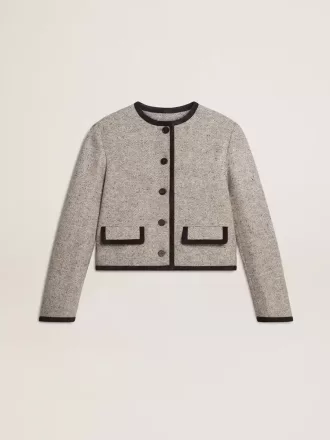 Graue Damenjacke aus Wolle und Seide mit schwarzem Wildledereinsatz