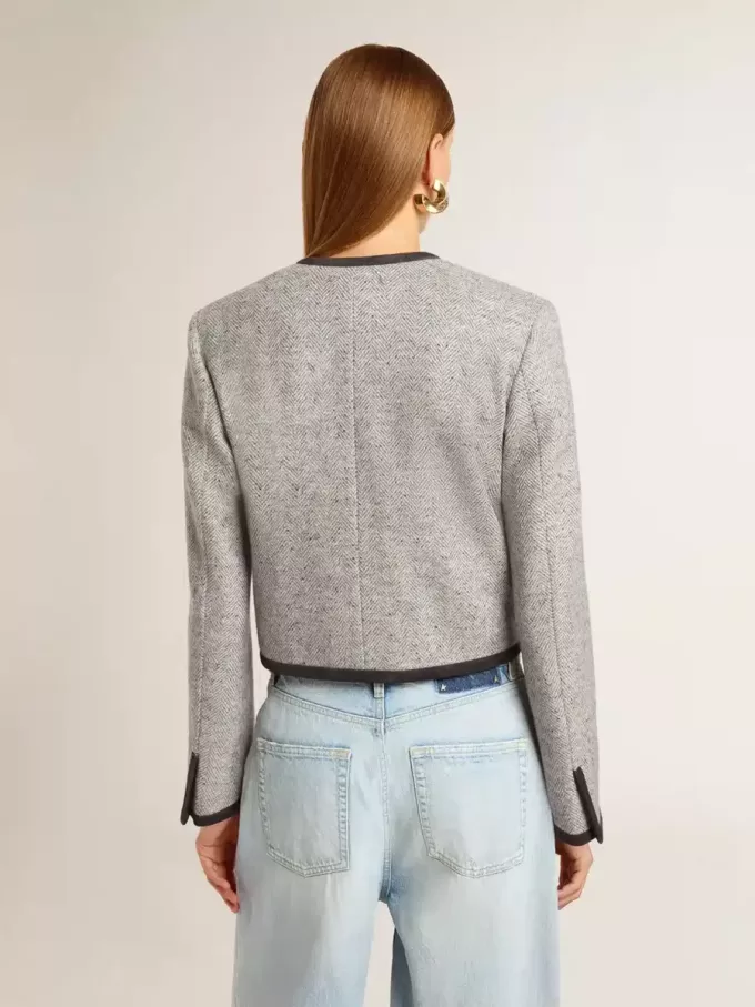Graue Damenjacke aus Wolle und Seide mit schwarzem Wildledereinsatz