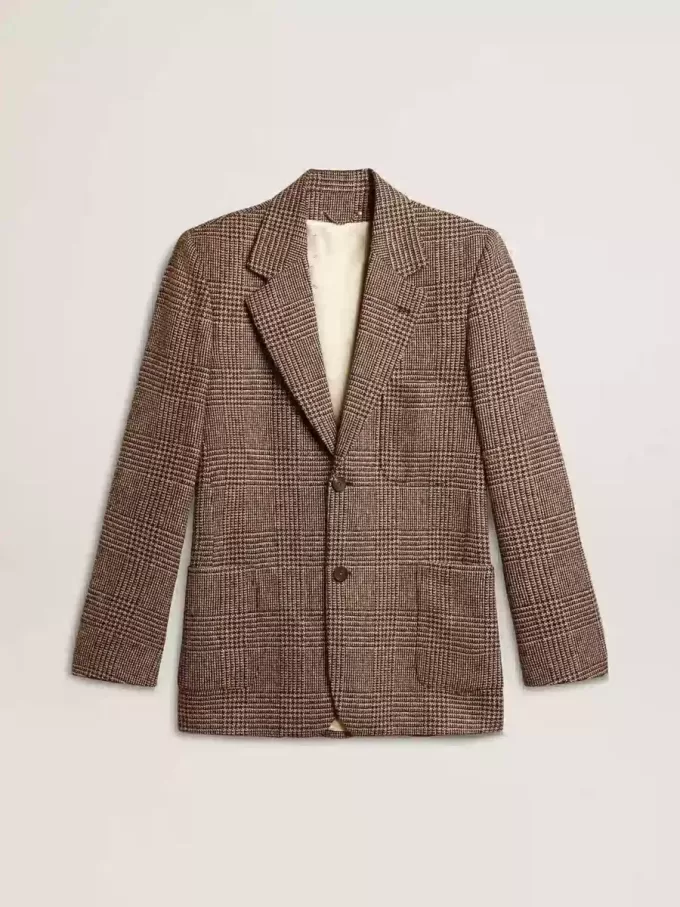 Grauer Einreiher-Blazer für Herren aus Wollstoff mit Hahnentrittmuster Grauer Einreiher-Blazer für Herren aus Wollstoff mit Hahnentrittmuster