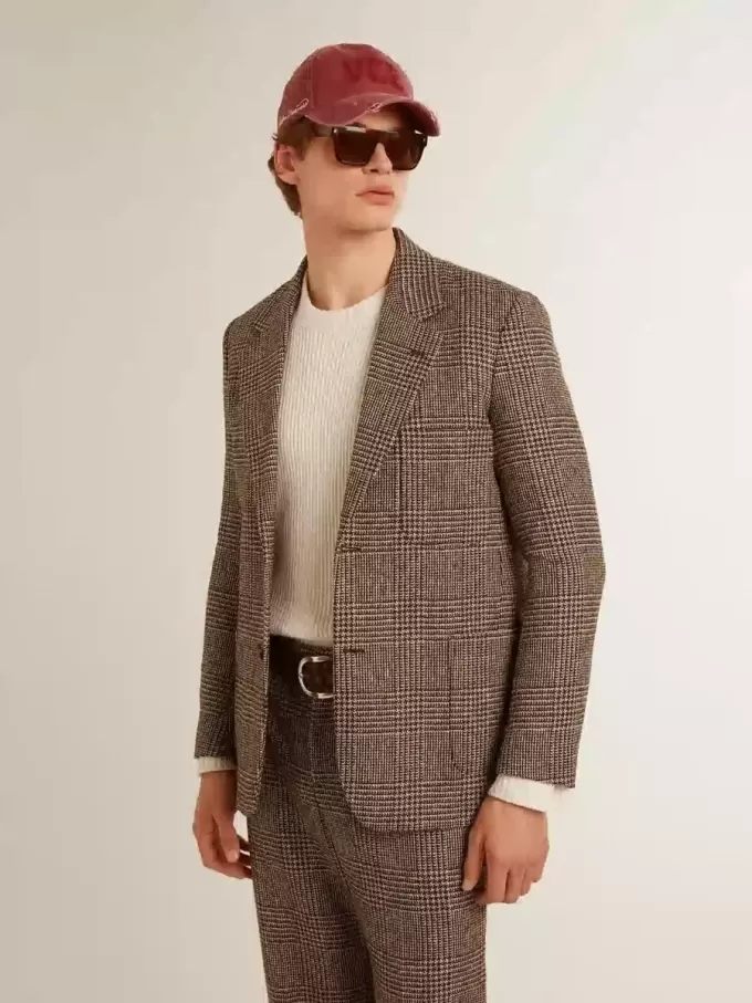Grauer Einreiher-Blazer für Herren aus Wollstoff mit Hahnentrittmuster Grauer Einreiher-Blazer für Herren aus Wollstoff mit Hahnentrittmuster