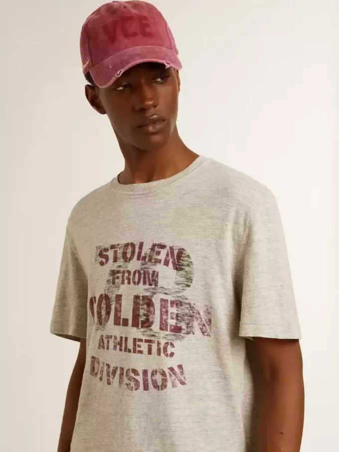 Graues Baumwoll-T-Shirt für Herren mit Vintage-Print auf der Vorderseite Graues Baumwoll-T-Shirt für Herren mit Vintage-Print auf der Vorderseite