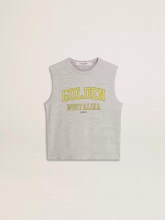 Graues, ärmelloses Damen-T-Shirt mit gelbem Aufdruck