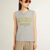 Graues, ärmelloses Damen-T-Shirt mit gelbem Aufdruck