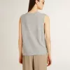 Graues, ärmelloses Damen-T-Shirt mit gelbem Aufdruck