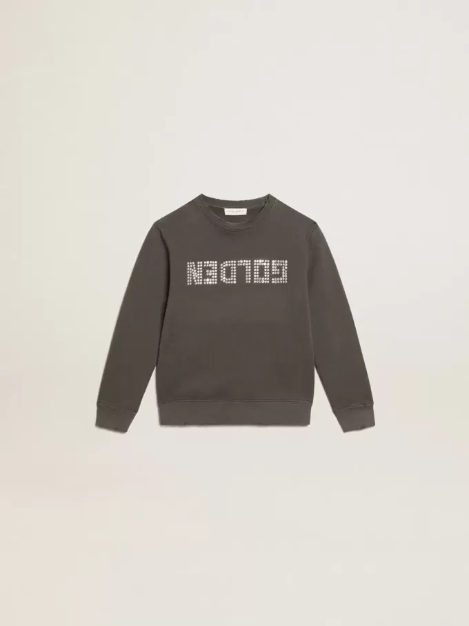 Graues Sweatshirt im Used-Look mit Kristallbeschriftung