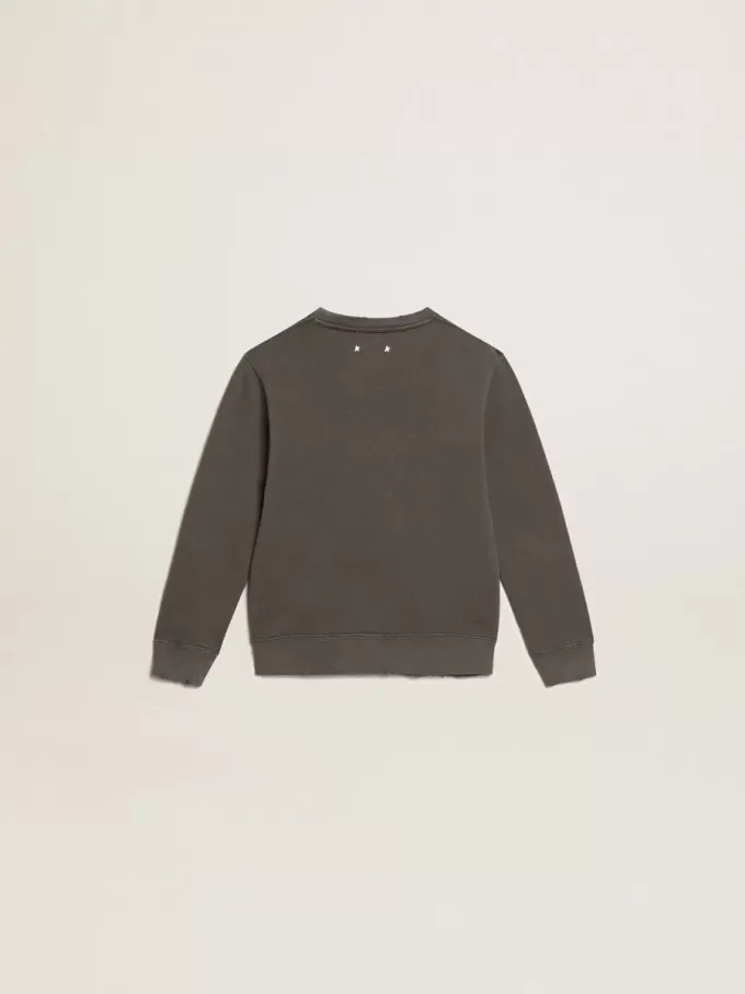 Graues Sweatshirt im Used-Look mit Kristallbeschriftung