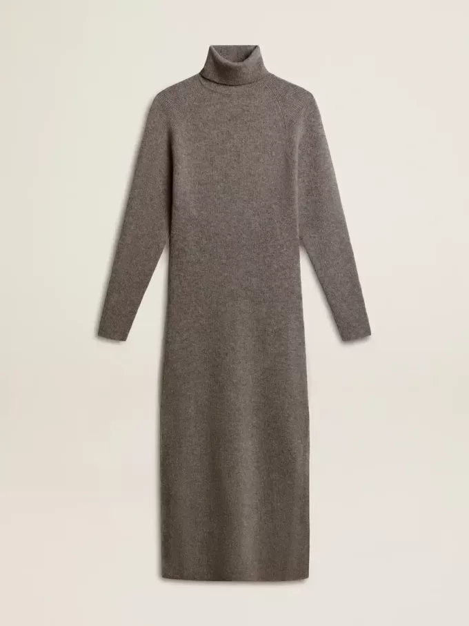 Graumeliertes Wollkleid mit Rippstruktur und hohem Kragen Graumeliertes Wollkleid mit Rippstruktur und hohem Kragen