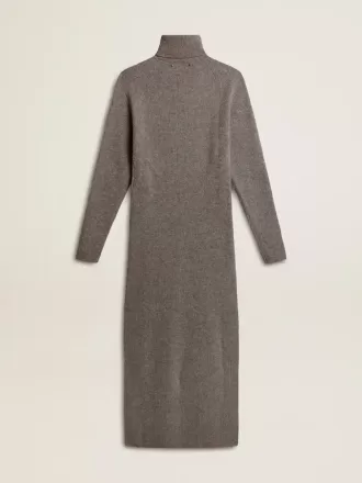Graumeliertes Wollkleid mit Rippstruktur und hohem Kragen