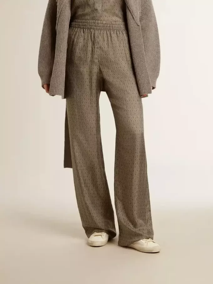 Grüne Damenhose aus Viskose-Seidenmischung mit Blumenmuster