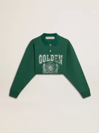 Grünes, kurz geschnittenes Polo-Sweatshirt für Damen mit Aufdruck