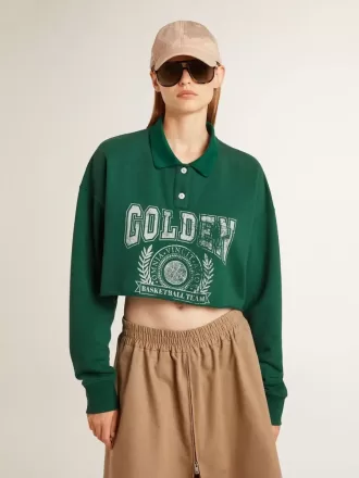 Grünes, kurz geschnittenes Polo-Sweatshirt für Damen mit Aufdruck