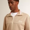 Hellbeiges Herren-Sweatshirt mit Reißverschluss und weißem Logo Hellbeiges Herren-Sweatshirt mit Reißverschluss und weißem Logo