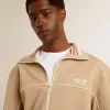 Hellbeiges Herren-Sweatshirt mit Reißverschluss und weißem Logo Hellbeiges Herren-Sweatshirt mit Reißverschluss und weißem Logo